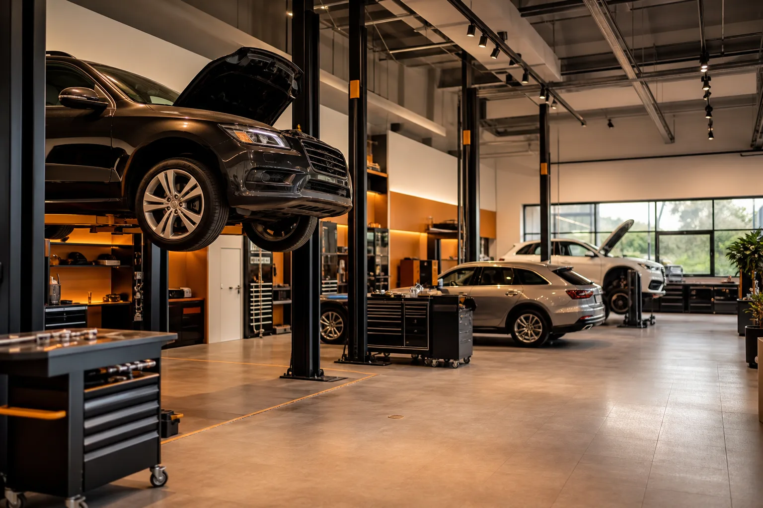 Interior of pachycephal auto repair facility with organized service bays and diagnostic equipment, 1200x800
