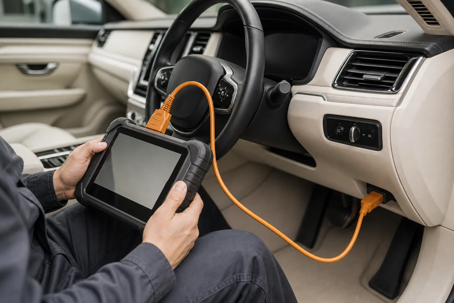 Diagnostic scanner connected to vehicle dashboard during cruise control system testing, article image 1200x800
