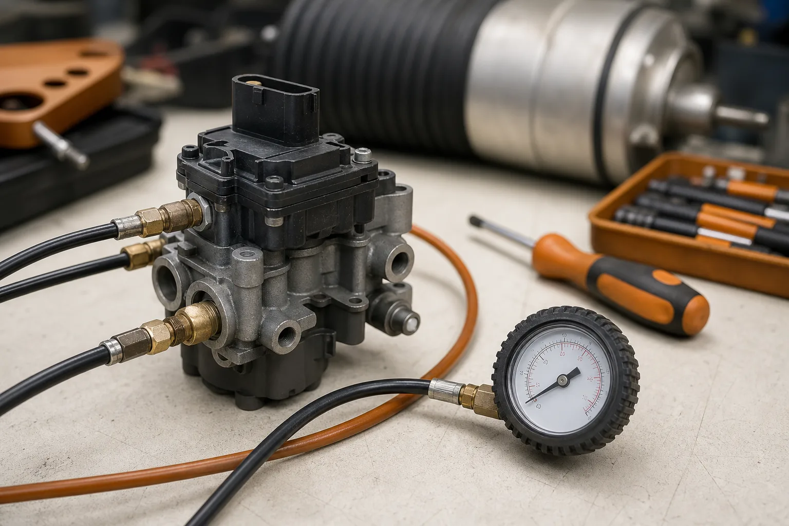 Close-up of pneumatic air suspension valve component during diagnostic testing, article image 1200x800