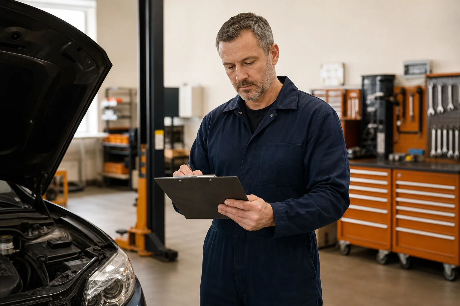 Mechanic reviewing repair workflow checklist in an auto workshop, article image 1200x800