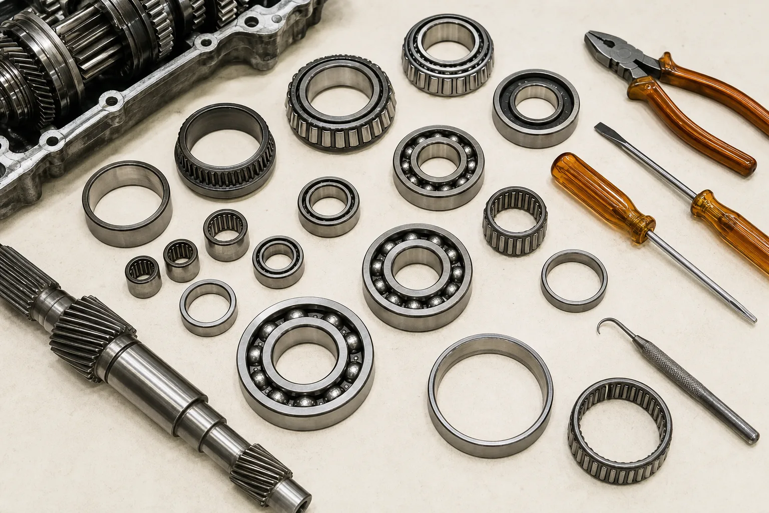 Transmission gearbox bearings laid out on a workbench for inspection and replacement, article image 1200x800