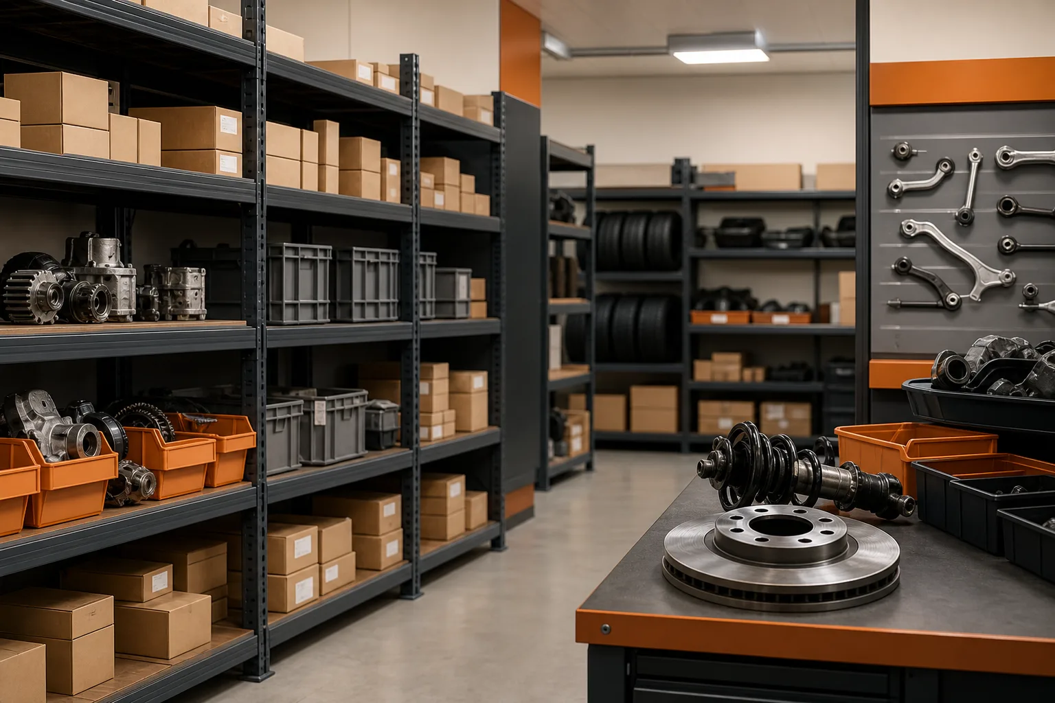 Organized auto parts storage and logistics area in a professional repair workshop, 1200x800