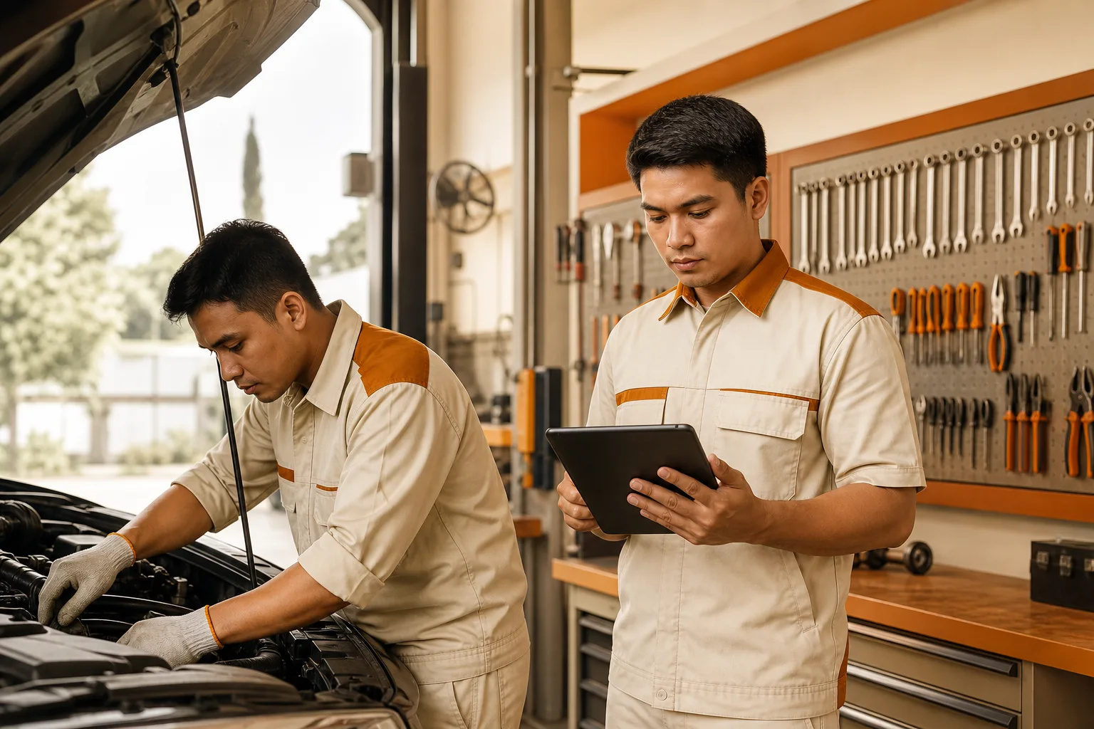 Technicians following standardized repair workflow in a modern auto workshop, 1200x800